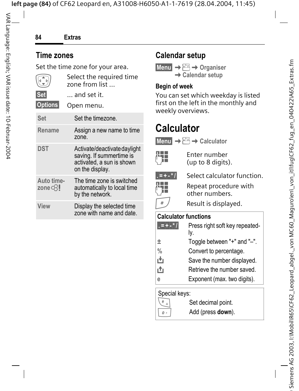 Calculator, Time zones, Calendar setup | Siemens CF62 User Manual | Page 85 / 122