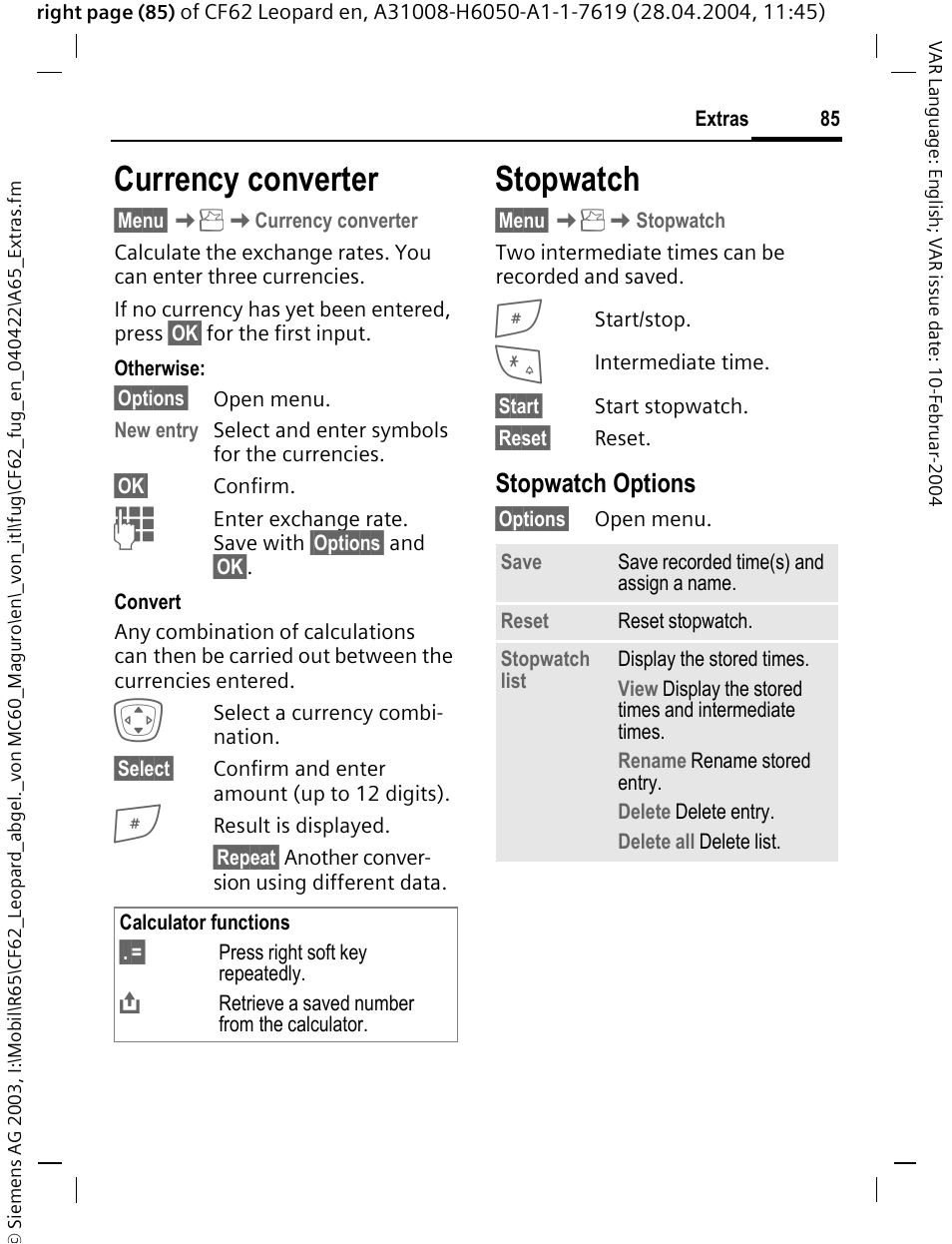 Currency converter, Stopwatch, Currency converter stopwatch | Stopwatch options | Siemens CF62 User Manual | Page 86 / 122