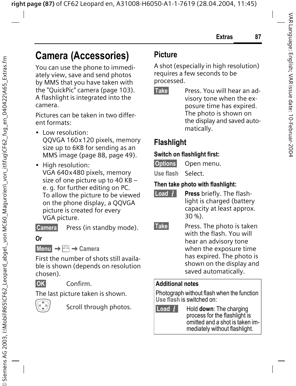 Camera (accessories), Picture, Flashlight | Siemens CF62 User Manual | Page 88 / 122