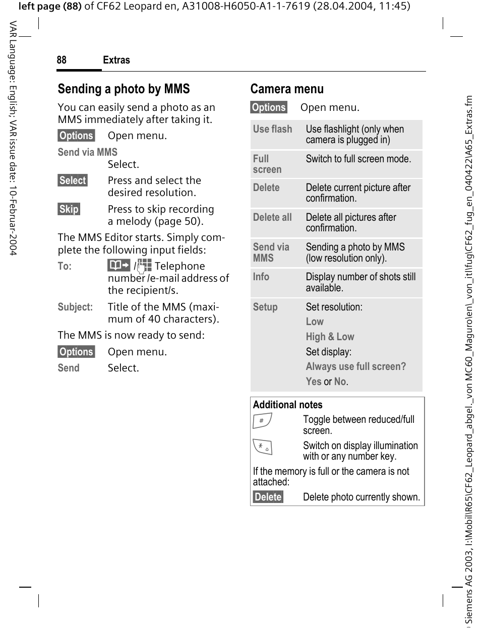 Sending a photo by mms, Camera menu | Siemens CF62 User Manual | Page 89 / 122