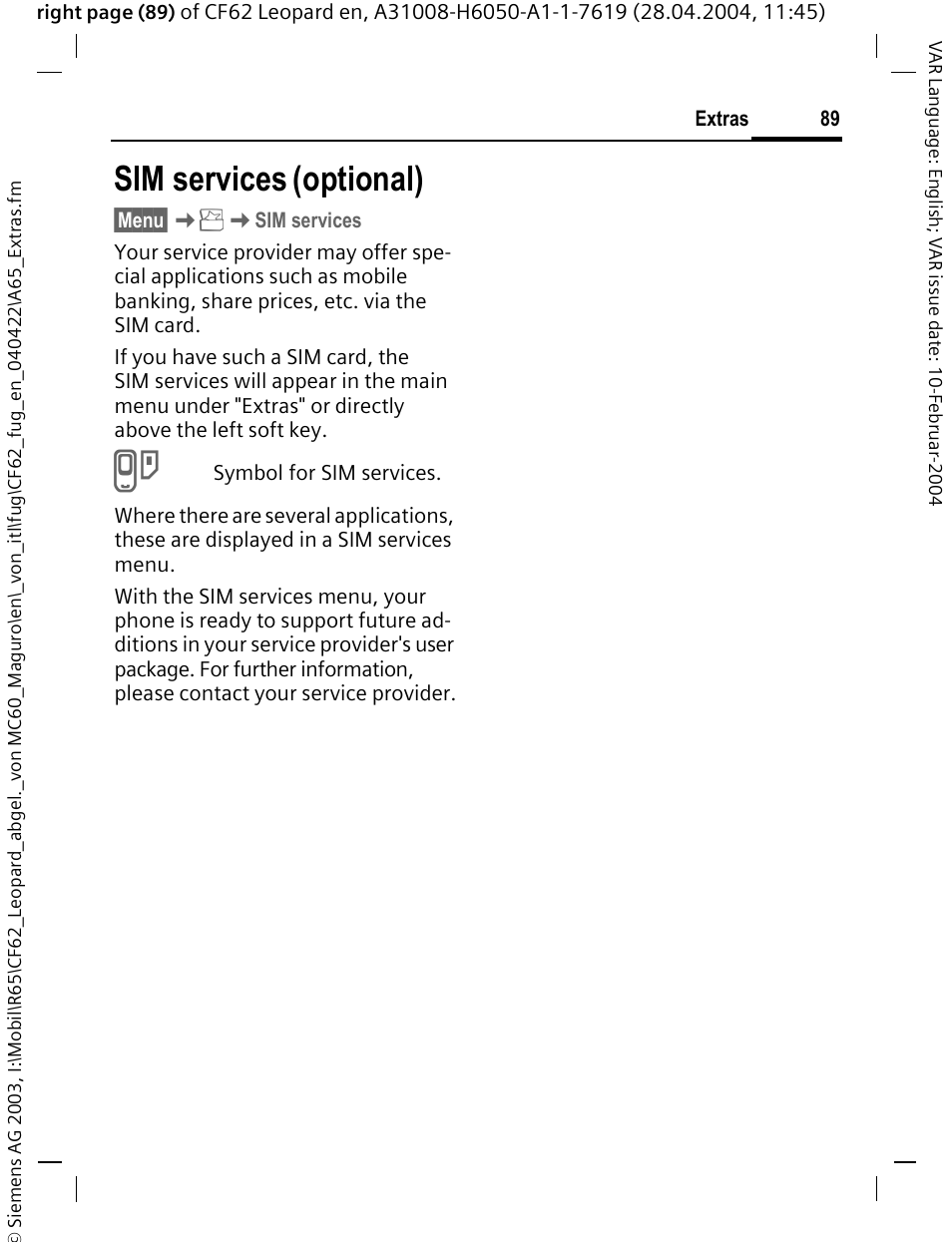Sim services (optional), Sim services (op, Sim services | Optional) | Siemens CF62 User Manual | Page 90 / 122