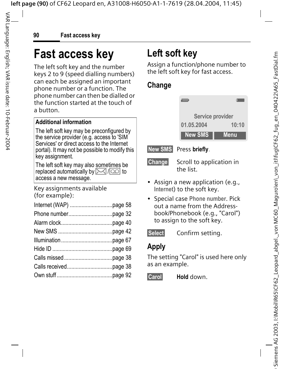 Fast access key, Left soft key, Change | Apply | Siemens CF62 User Manual | Page 91 / 122