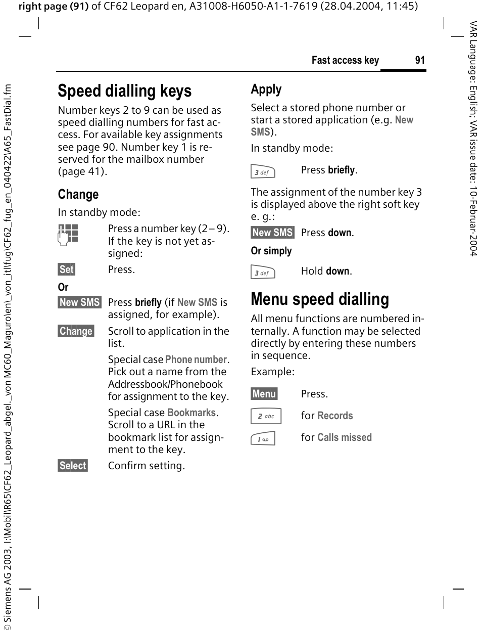 Speed dialling keys, Menu speed dialling, Change | Apply | Siemens CF62 User Manual | Page 92 / 122