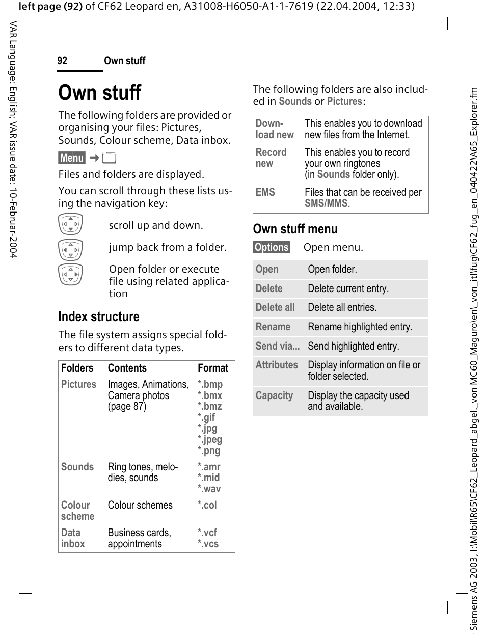 Own stuff, See also, Index structure | Own stuff menu | Siemens CF62 User Manual | Page 93 / 122