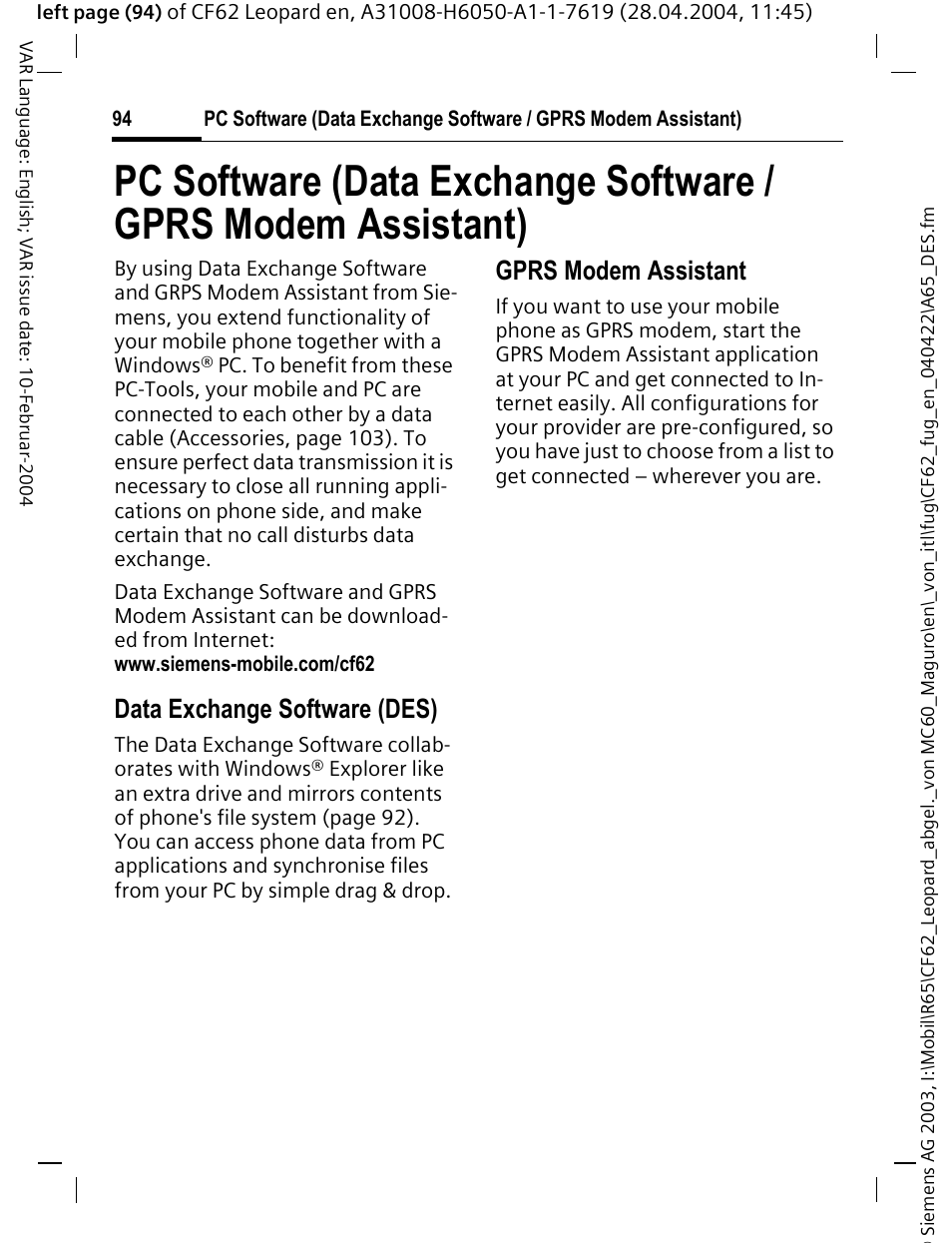 Data exchange software (des), Gprs modem assistant | Siemens CF62 User Manual | Page 95 / 122