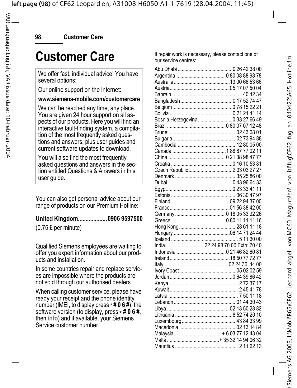 Customer care, Ice (p. 98) | Siemens CF62 User Manual | Page 99 / 122