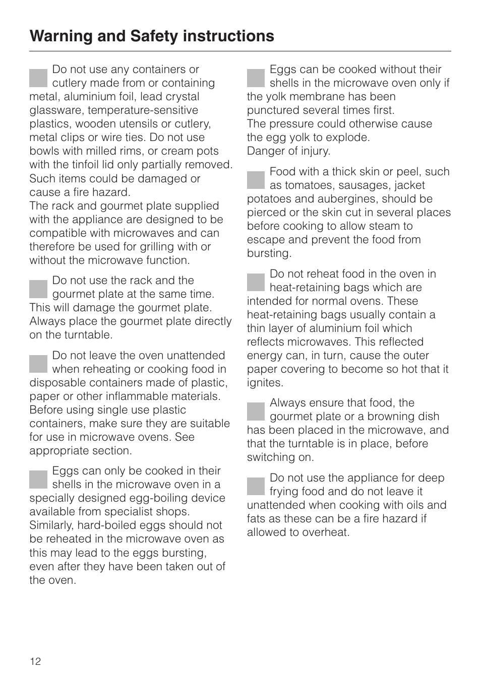 Warning and safety instructions | Miele M 637-45 ECR User Manual | Page 12 / 60