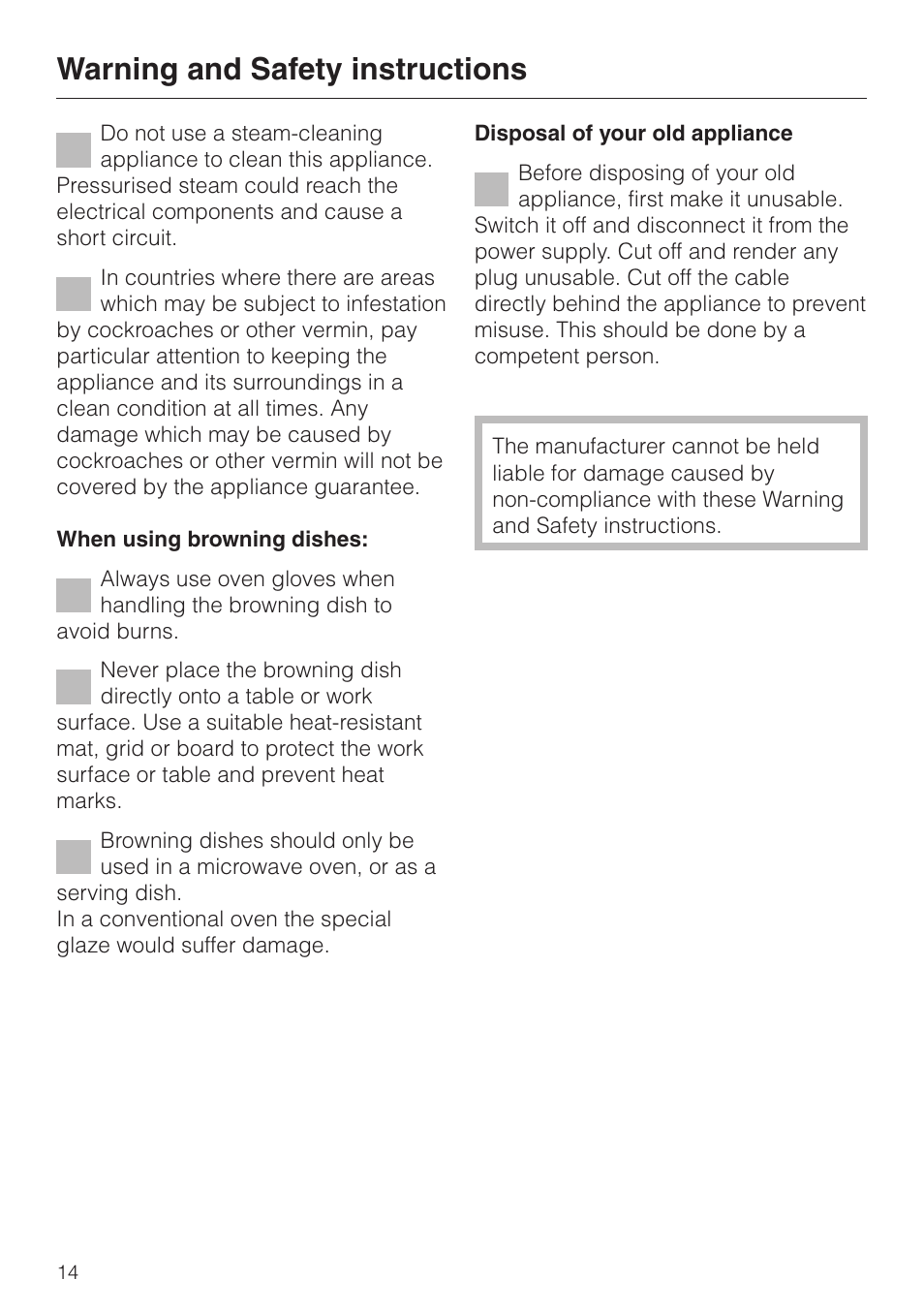 Warning and safety instructions | Miele M 637-45 ECR User Manual | Page 14 / 60