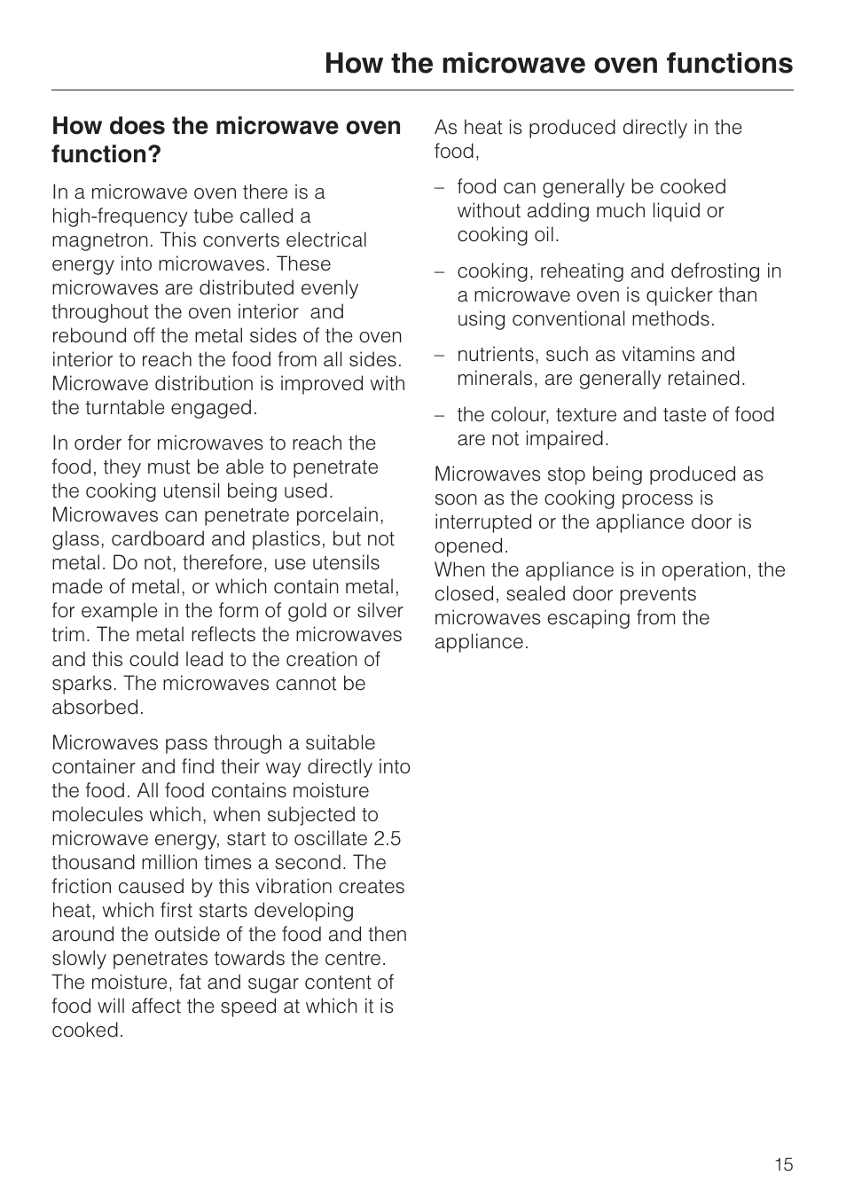 How the microwave oven functions 15, How does the microwave oven function? 15, How the microwave oven functions | How does the microwave oven function | Miele M 637-45 ECR User Manual | Page 15 / 60