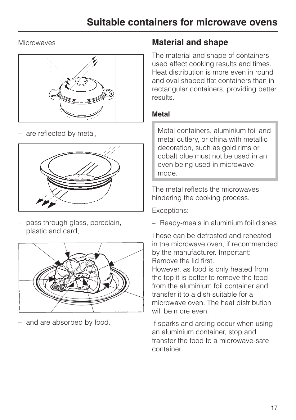 Suitable containers for microwave ovens 17, Material and shape 17, Suitable containers for microwave ovens | Material and shape | Miele M 637-45 ECR User Manual | Page 17 / 60