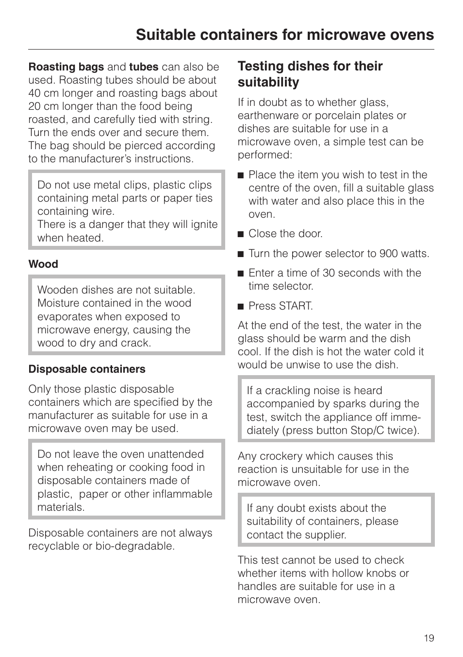 Testing dishes for their suitability 19, Testing dishes for their suitability, Suitable containers for microwave ovens | Miele M 637-45 ECR User Manual | Page 19 / 60