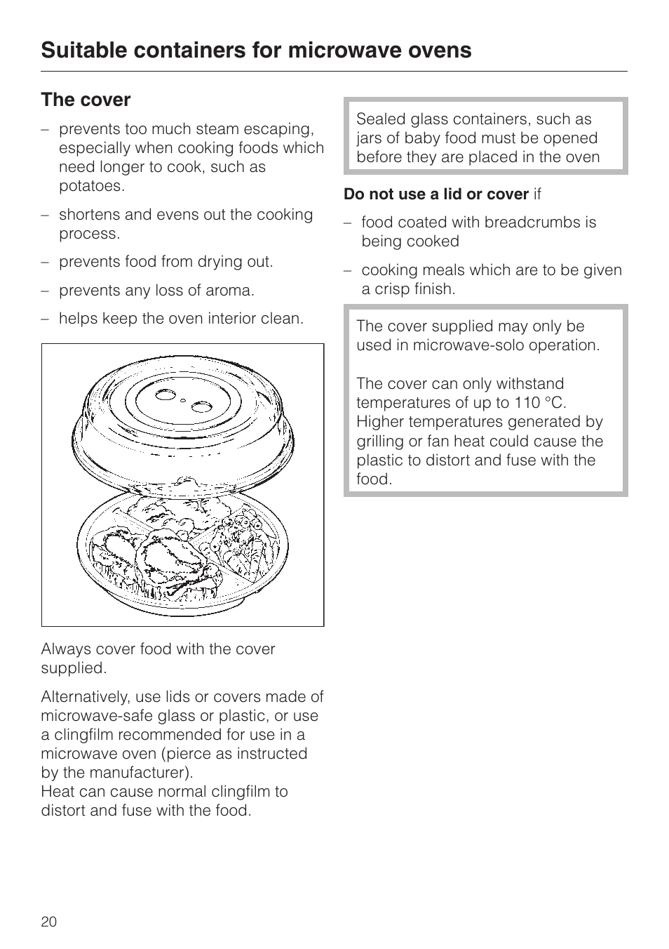 The cover 20, The cover, Suitable containers for microwave ovens | Miele M 637-45 ECR User Manual | Page 20 / 60