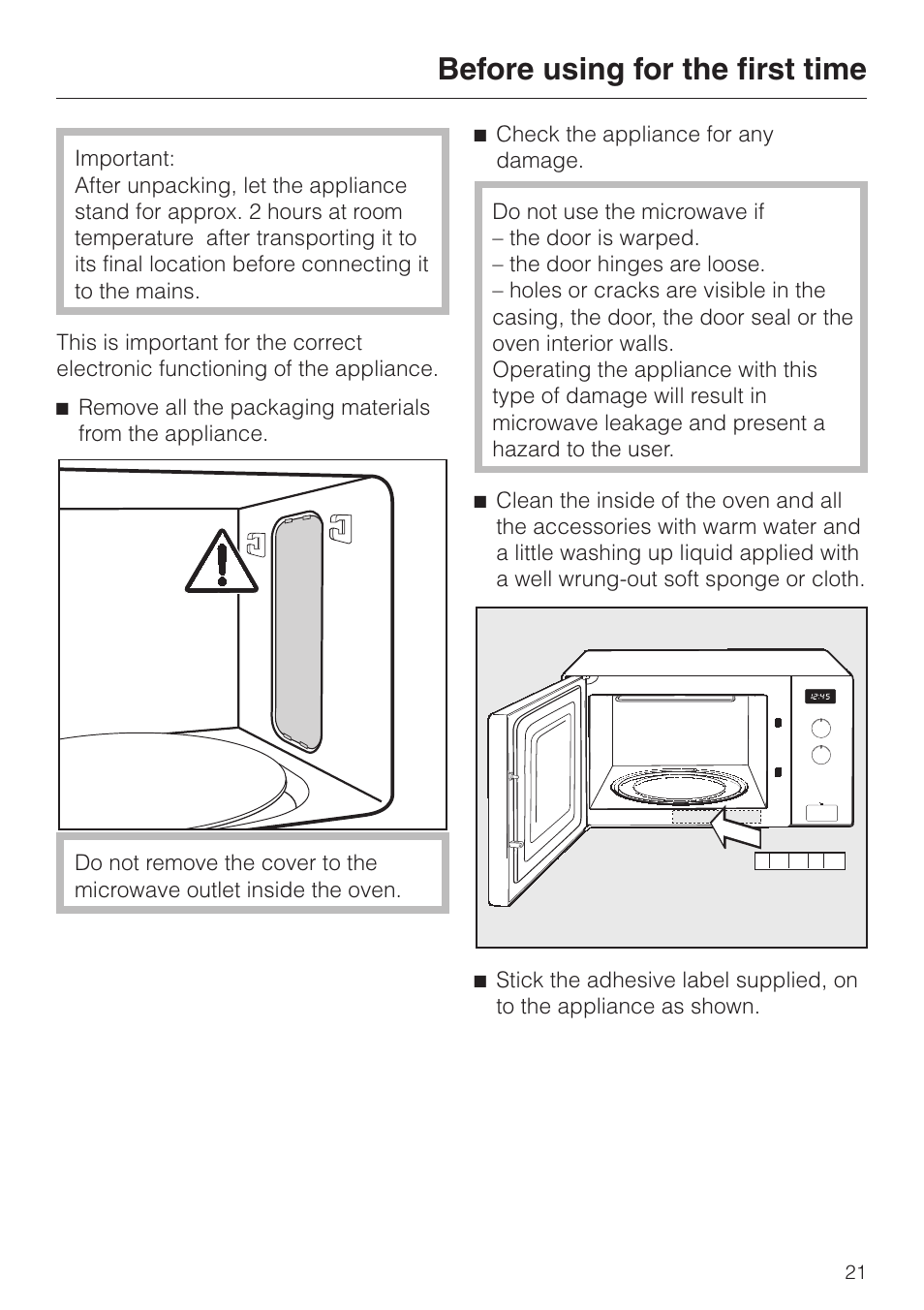 Before using for the first time 21, Before using for the first time | Miele M 637-45 ECR User Manual | Page 21 / 60