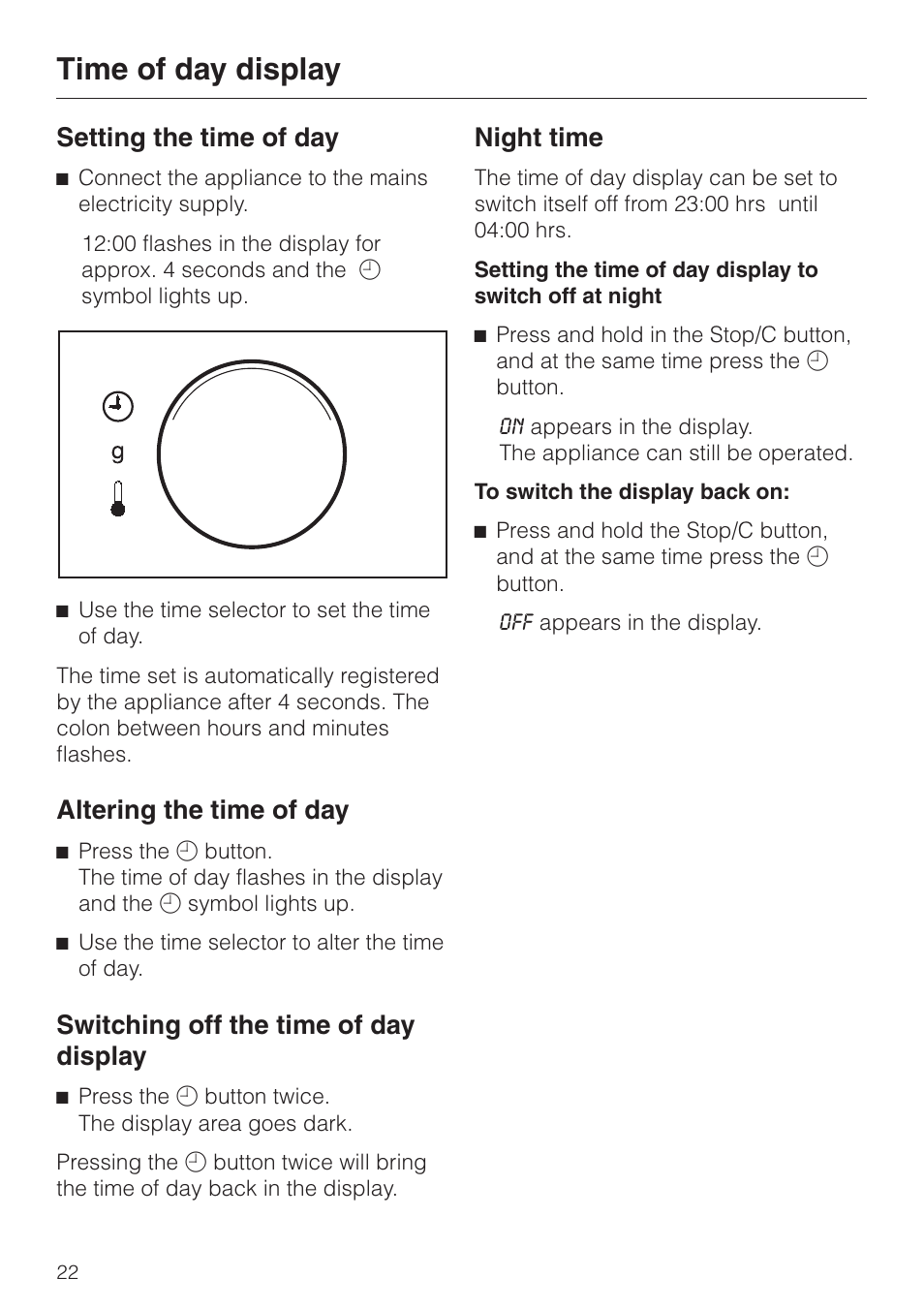 Time of day display 22, Setting the time of day 22, Altering the time of day 22 | Switching off the time of day display 22, Night time 22, Time of day display, Setting the time of day, Altering the time of day, Switching off the time of day display, Night time | Miele M 637-45 ECR User Manual | Page 22 / 60