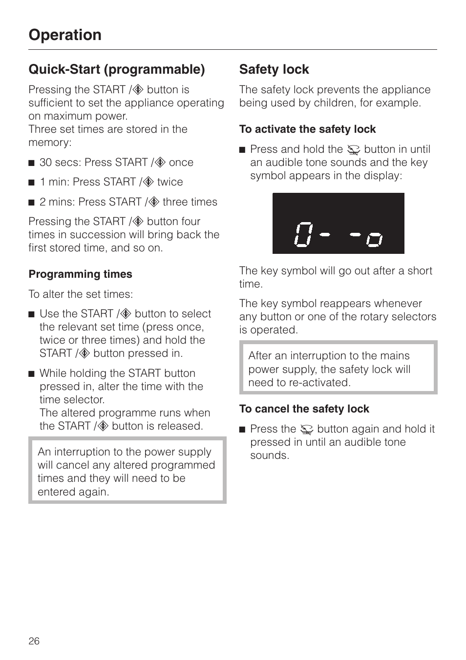 Quick-start (programmable) 26, Safety lock 26, Quick-start (programmable) safety lock | Operation, Quick-start (programmable), Safety lock | Miele M 637-45 ECR User Manual | Page 26 / 60