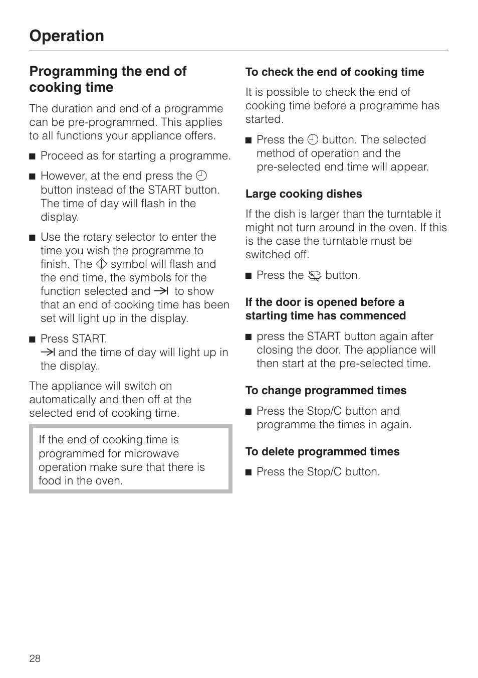 Programming the end of cooking time 28, Programming the end of cooking time, Operation | Miele M 637-45 ECR User Manual | Page 28 / 60