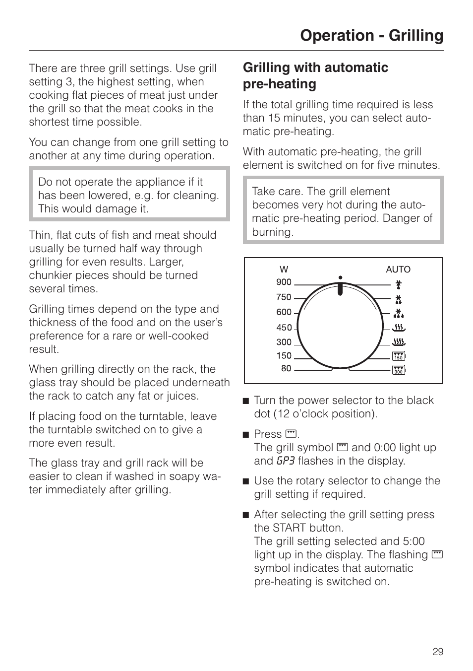 Operation - grilling 29, Grilling with automatic pre-heating 29, Operation - grilling | Grilling with automatic pre-heating | Miele M 637-45 ECR User Manual | Page 29 / 60