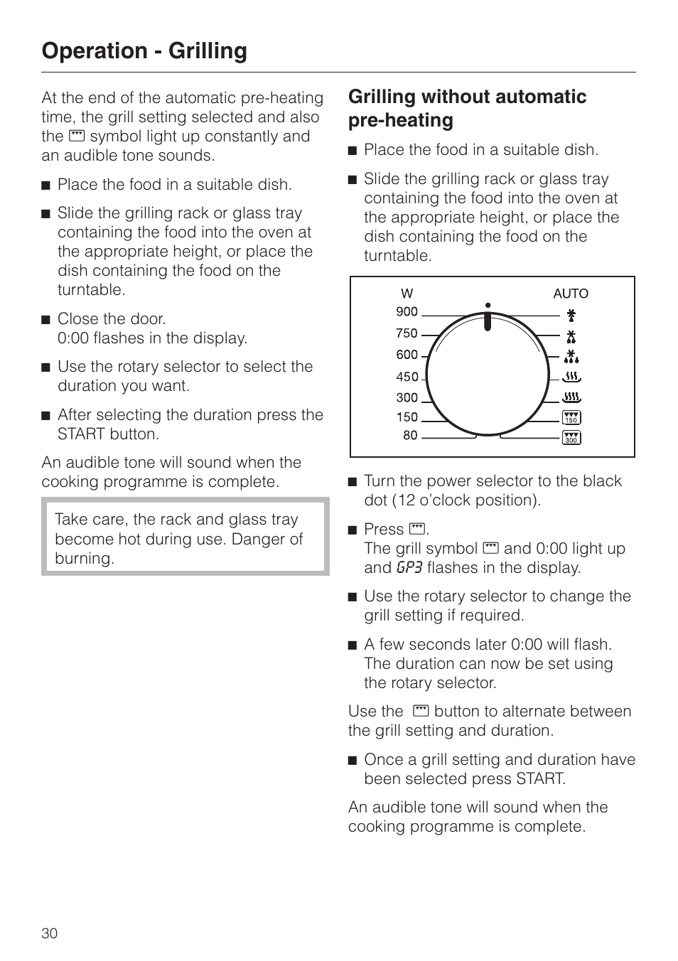 Grilling without automatic pre-heating 30, Grilling without automatic pre-heating, Operation - grilling | Miele M 637-45 ECR User Manual | Page 30 / 60