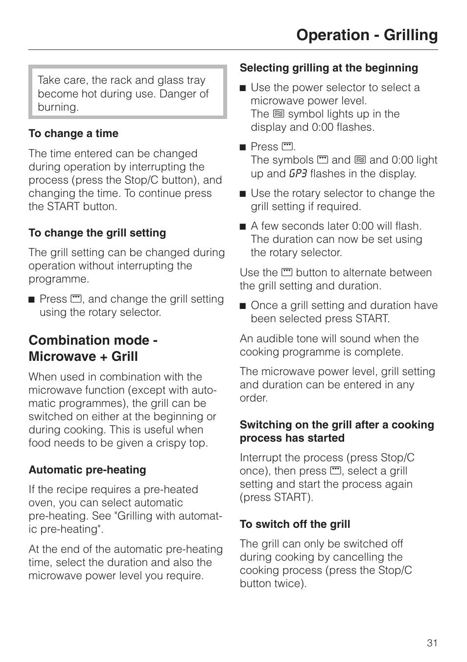 Combination mode - microwave + grill 31, Combination mode - microwave + grill, Operation - grilling | Miele M 637-45 ECR User Manual | Page 31 / 60