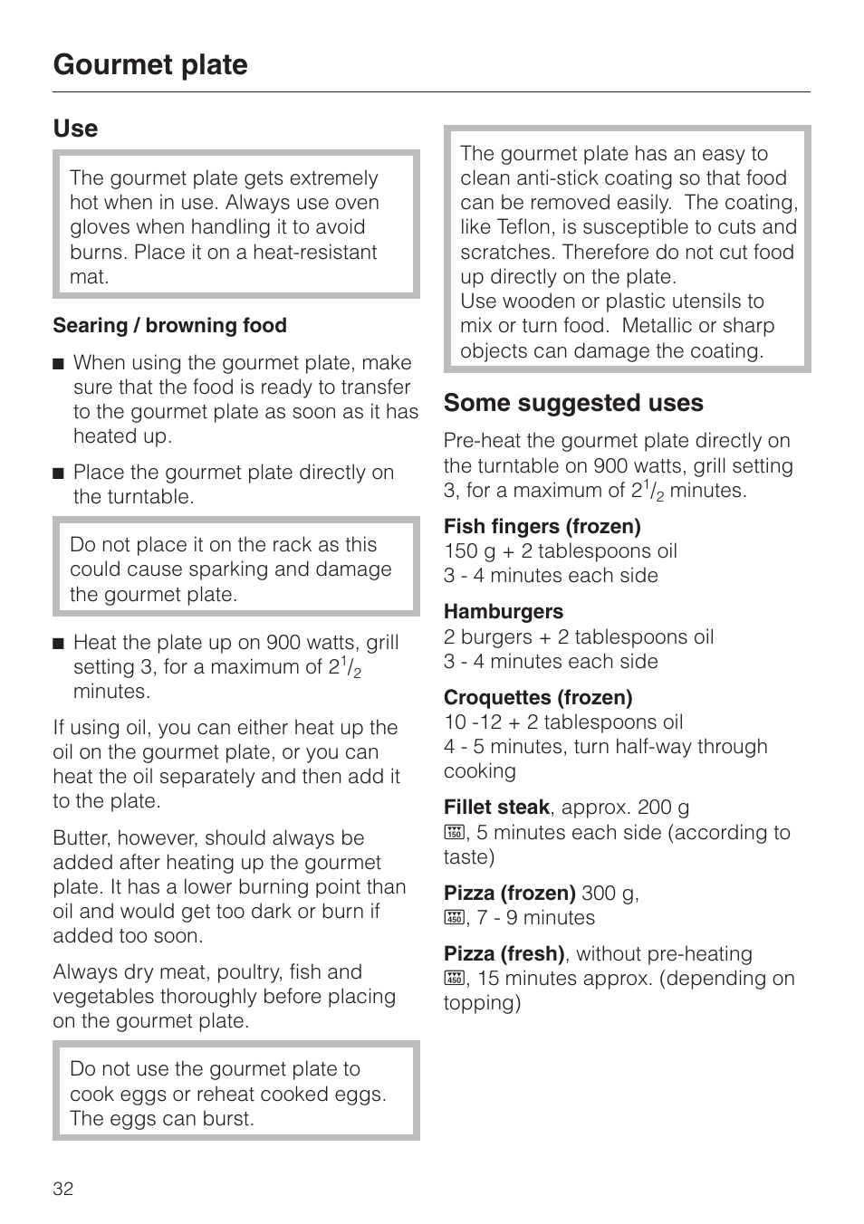 Gourmet plate 32, Use 32, Some suggested uses 32 | Gourmet plate, Use some suggested uses, Some suggested uses | Miele M 637-45 ECR User Manual | Page 32 / 60