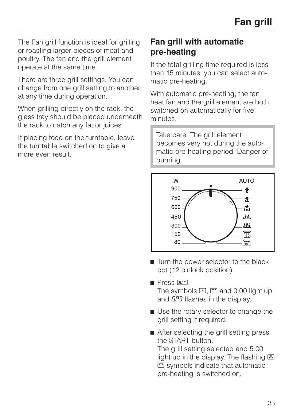 Fan grill 33, Fan grill with automatic pre-heating 33, Fan grill | Fan grill with automatic pre-heating | Miele M 637-45 ECR User Manual | Page 33 / 60