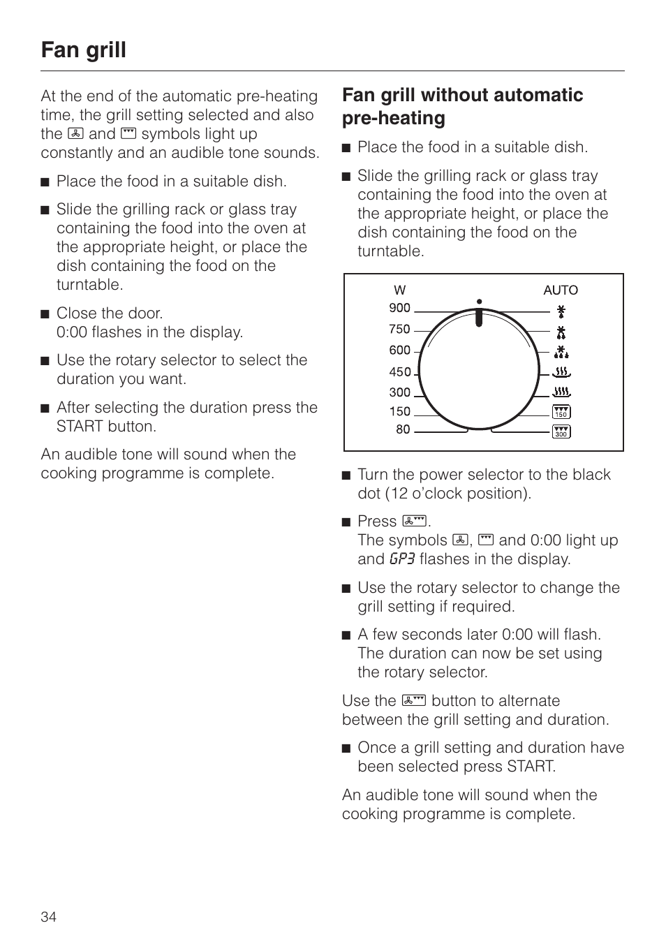 Fan grill without automatic pre-heating 34, Fan grill without automatic pre-heating, Fan grill | Miele M 637-45 ECR User Manual | Page 34 / 60