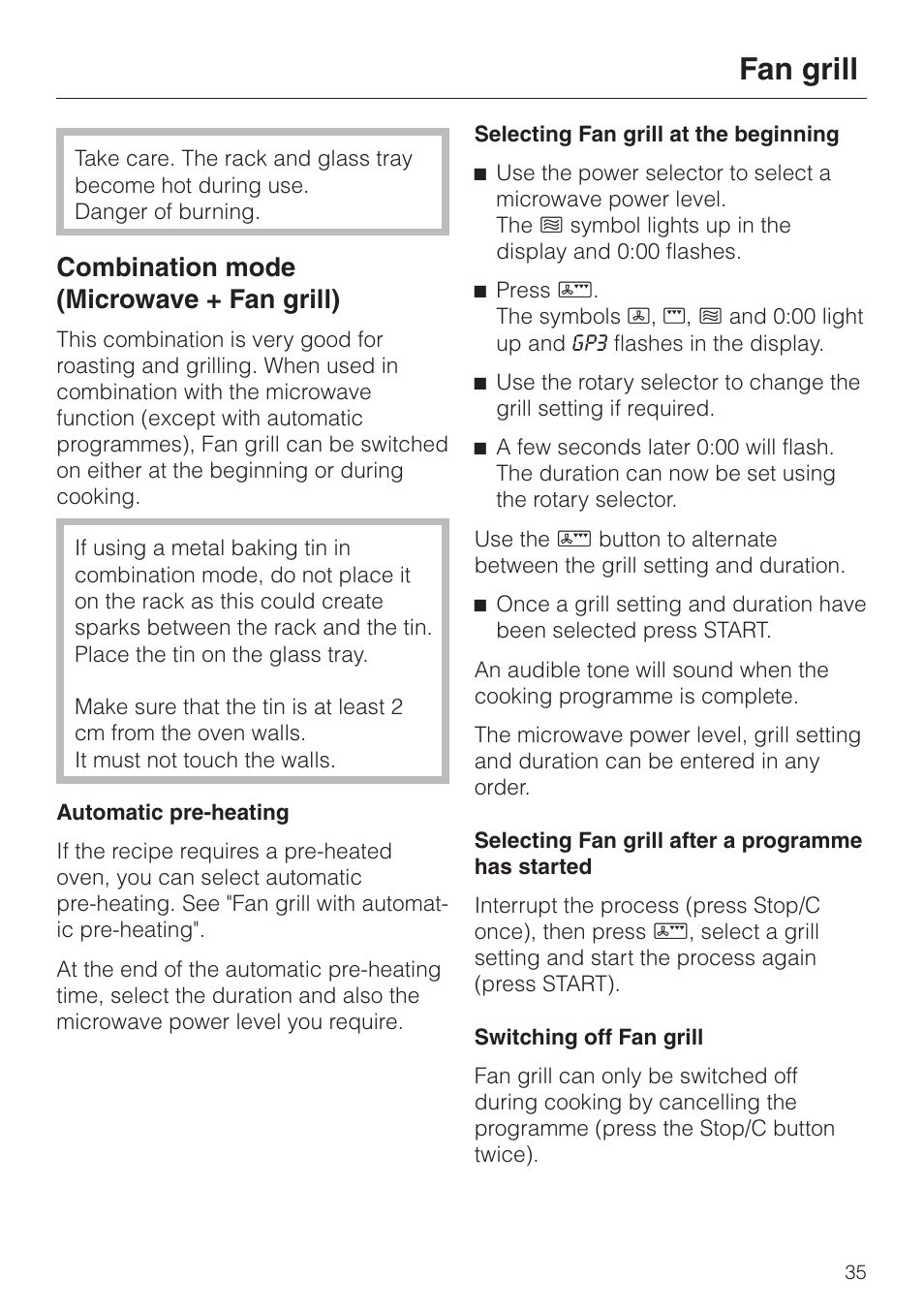 Combination mode (microwave + fan grill) 35, Combination mode (microwave + fan grill), Fan grill | Miele M 637-45 ECR User Manual | Page 35 / 60