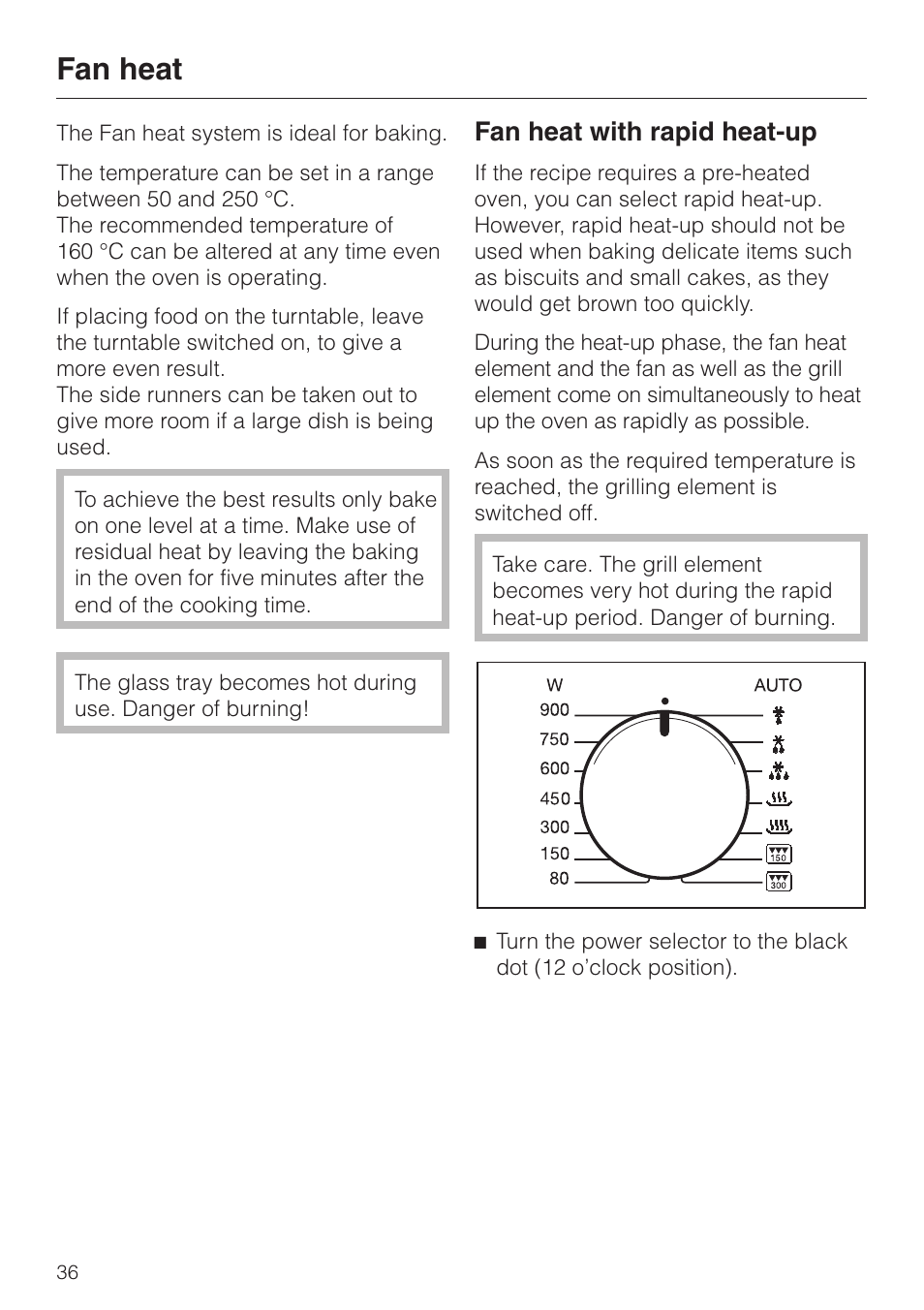 Fan heat 36, Fan heat with rapid heat-up 36, Fan heat | Fan heat with rapid heat-up | Miele M 637-45 ECR User Manual | Page 36 / 60