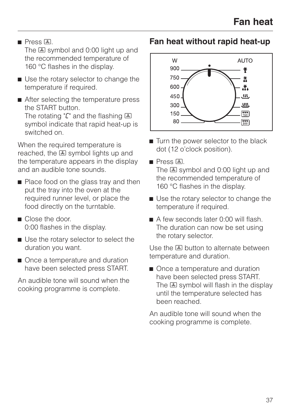 Fan heat without rapid heat-up 37, Fan heat without rapid heat-up, Fan heat | Miele M 637-45 ECR User Manual | Page 37 / 60