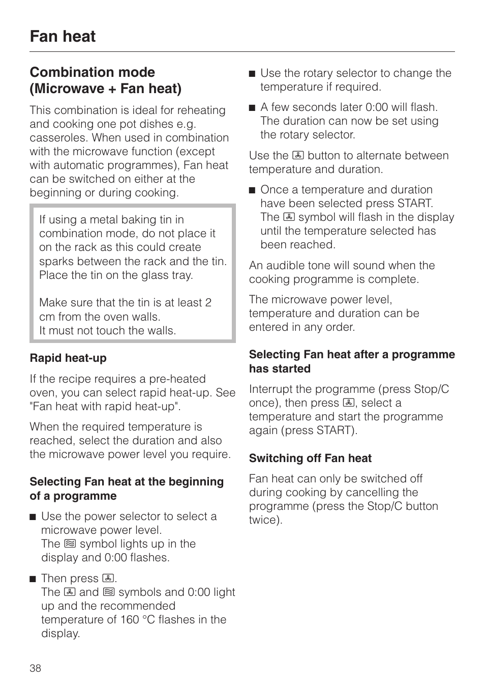 Combination mode (microwave + fan heat) 38, Combination mode (microwave + fan heat), Fan heat | Miele M 637-45 ECR User Manual | Page 38 / 60