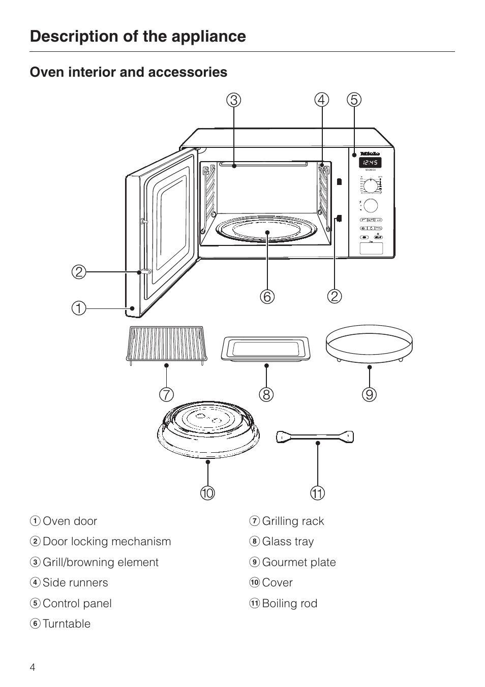 Description of the appliance 4, Oven interior and accessories 4, Description of the appliance | Oven interior and accessories | Miele M 637-45 ECR User Manual | Page 4 / 60