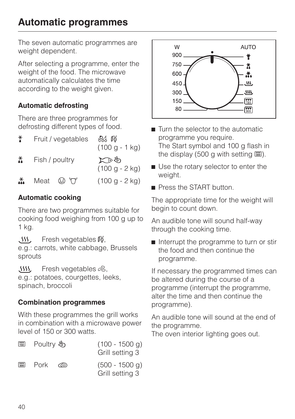 Automatic programmes 40, Automatic programmes | Miele M 637-45 ECR User Manual | Page 40 / 60