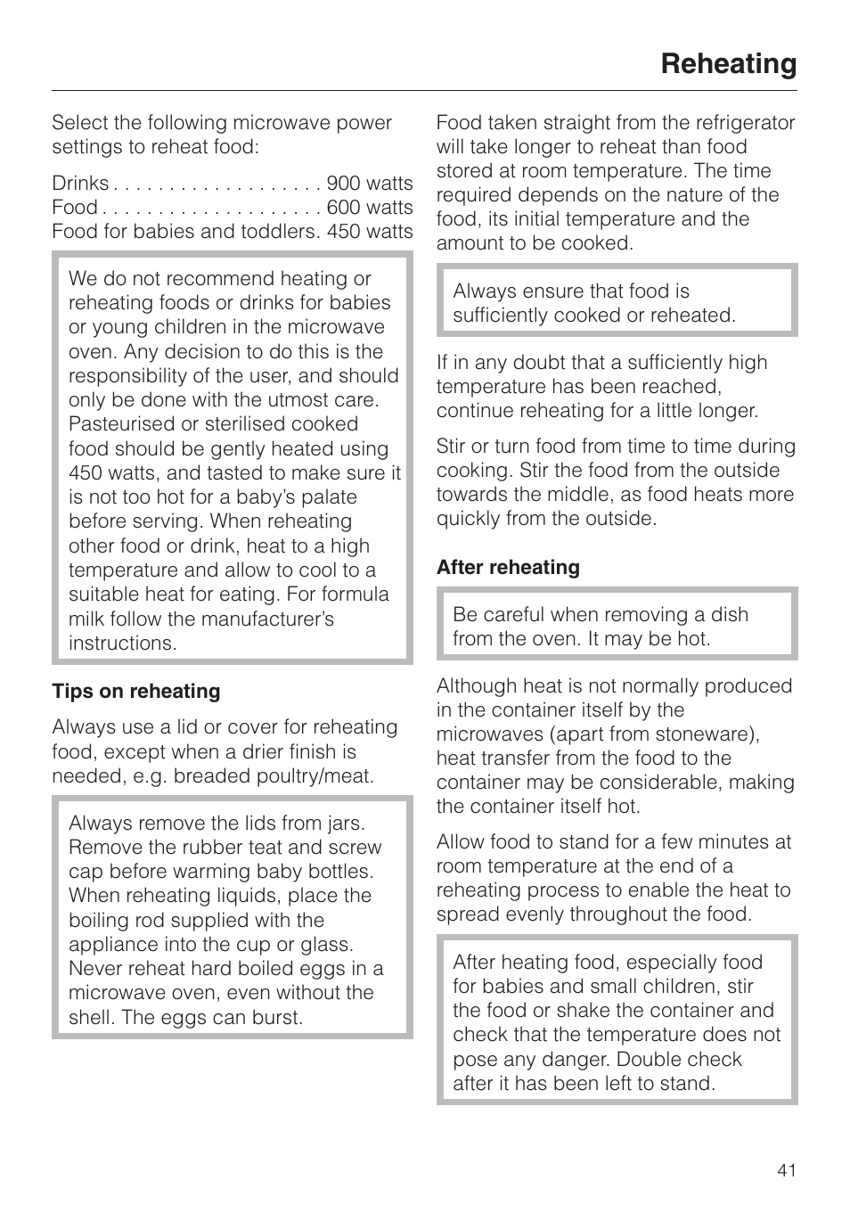 Reheating 41, Reheating | Miele M 637-45 ECR User Manual | Page 41 / 60