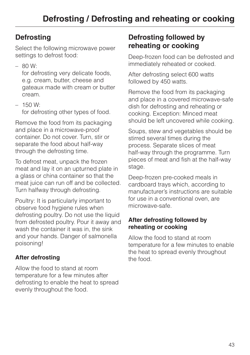 Defrosting / defrosting and reheating or cooking, Defrosting, Defrosting followed by reheating or cooking | Miele M 637-45 ECR User Manual | Page 43 / 60