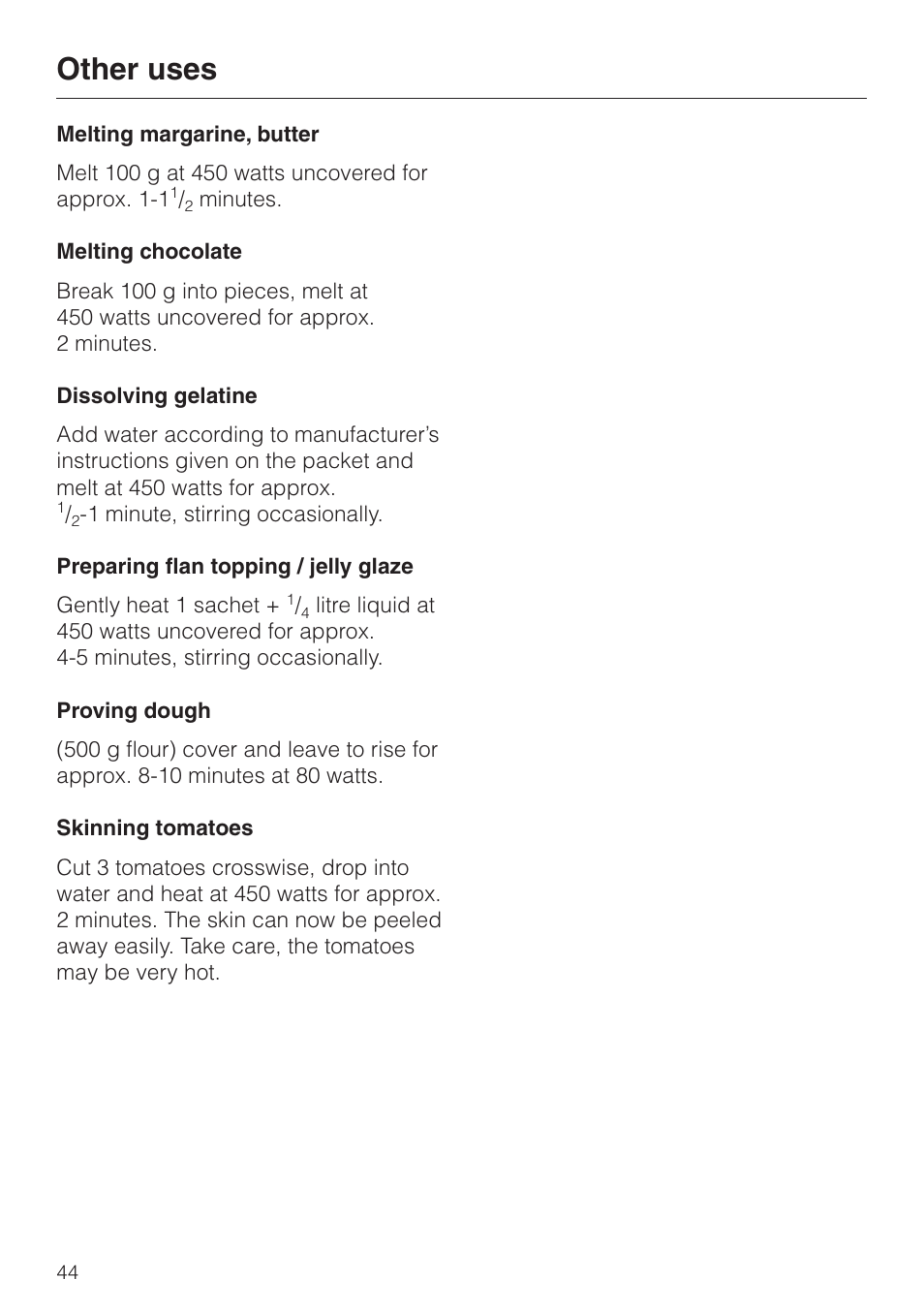 Other uses 44, Other uses | Miele M 637-45 ECR User Manual | Page 44 / 60