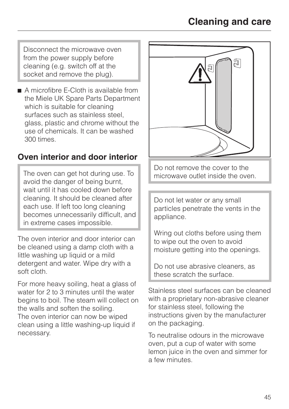 Cleaning and care 45, Cleaning and care, Oven interior and door interior | Miele M 637-45 ECR User Manual | Page 45 / 60