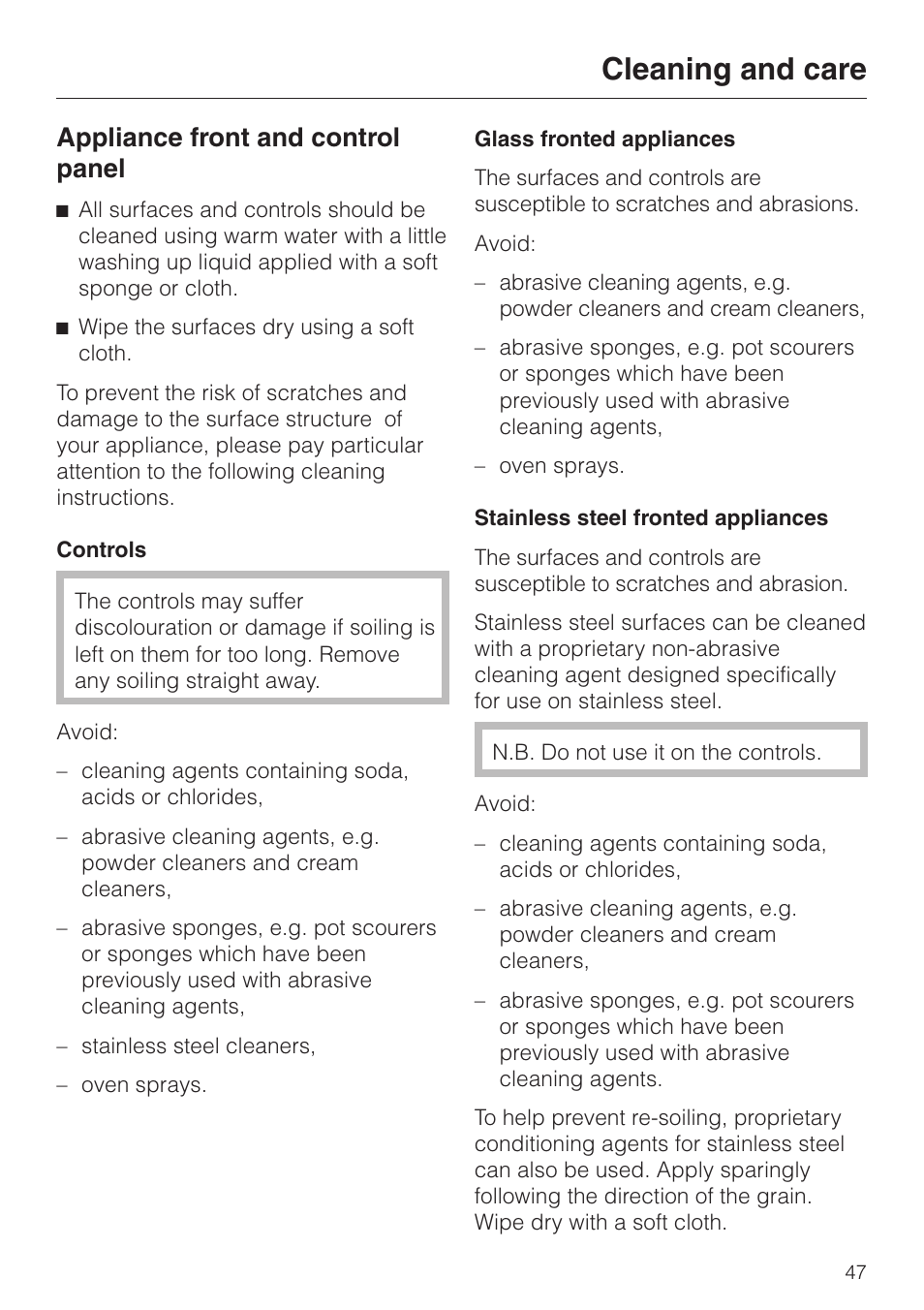 Cleaning and care, Appliance front and control panel | Miele M 637-45 ECR User Manual | Page 47 / 60