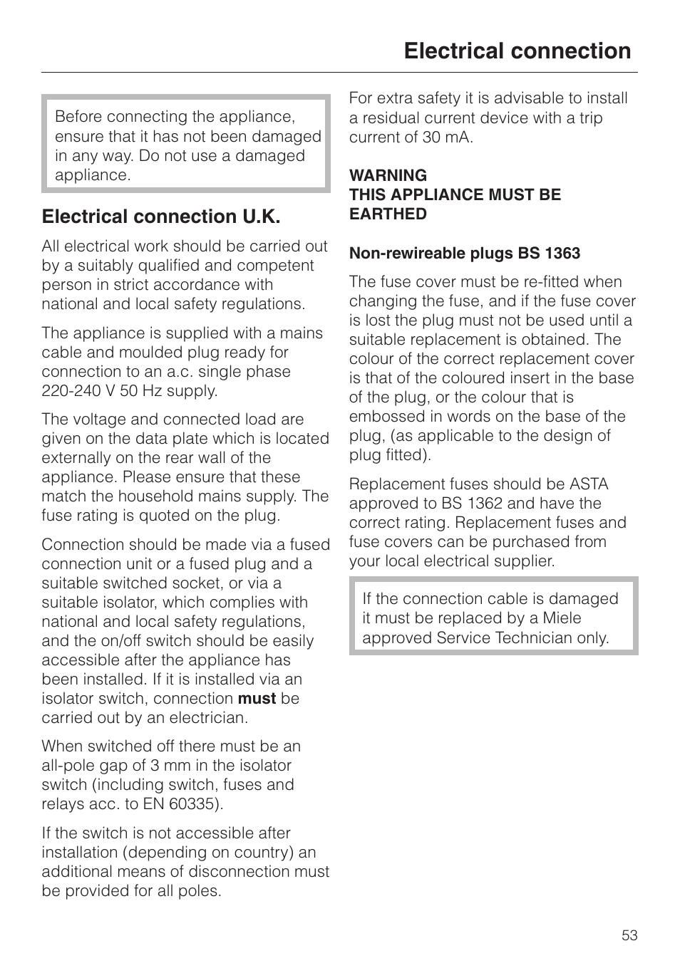 Electrical connection 53, Electrical connection, Electrical connection u.k | Miele M 637-45 ECR User Manual | Page 53 / 60