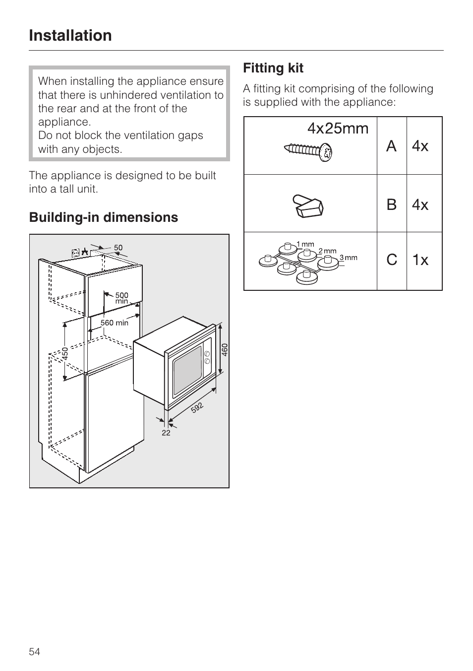 Installation 54, Installation | Miele M 637-45 ECR User Manual | Page 54 / 60