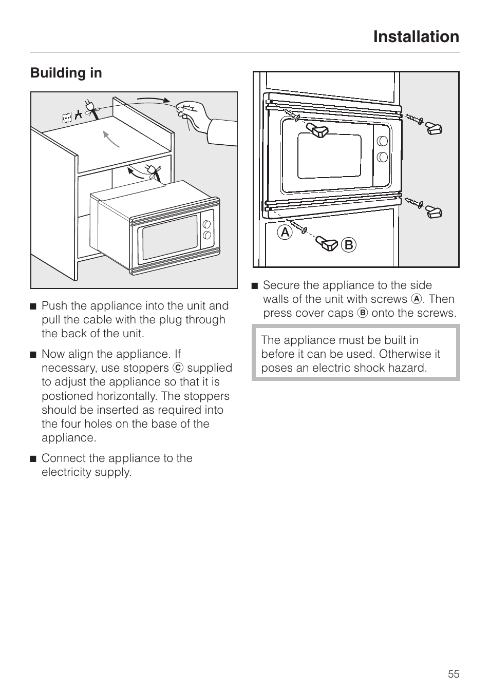 Installation, Building in | Miele M 637-45 ECR User Manual | Page 55 / 60