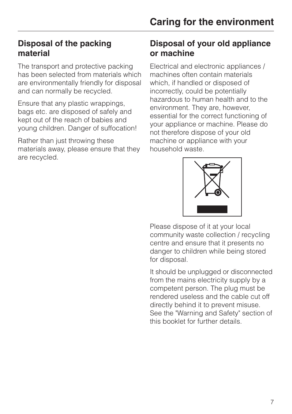 Caring for the environment 7, Caring for the environment | Miele M 637-45 ECR User Manual | Page 7 / 60