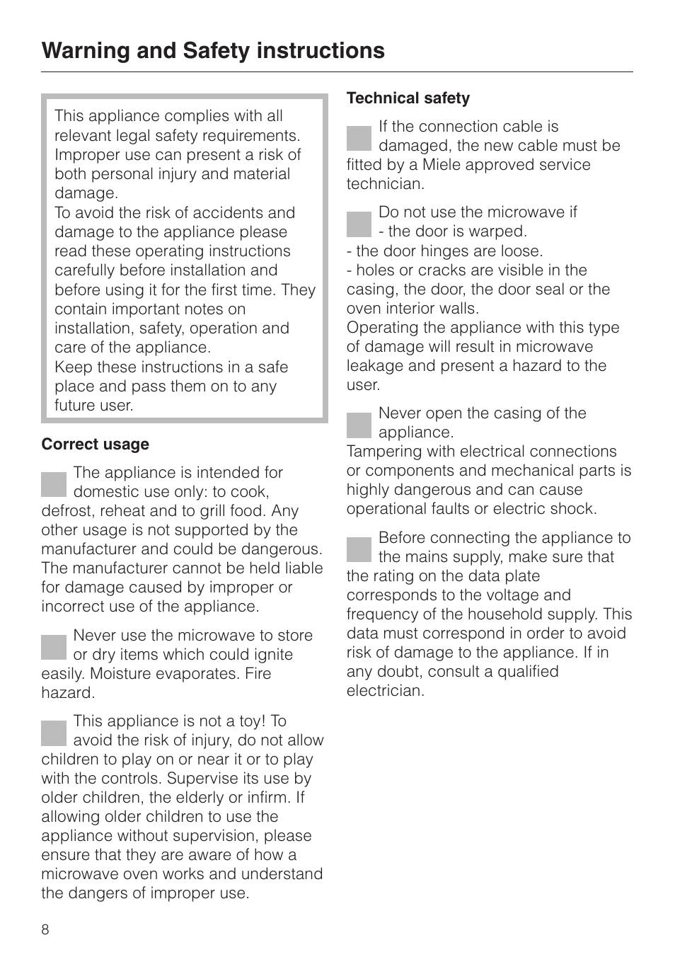 Warning and safety instructions 8, Warning and safety instructions | Miele M 637-45 ECR User Manual | Page 8 / 60