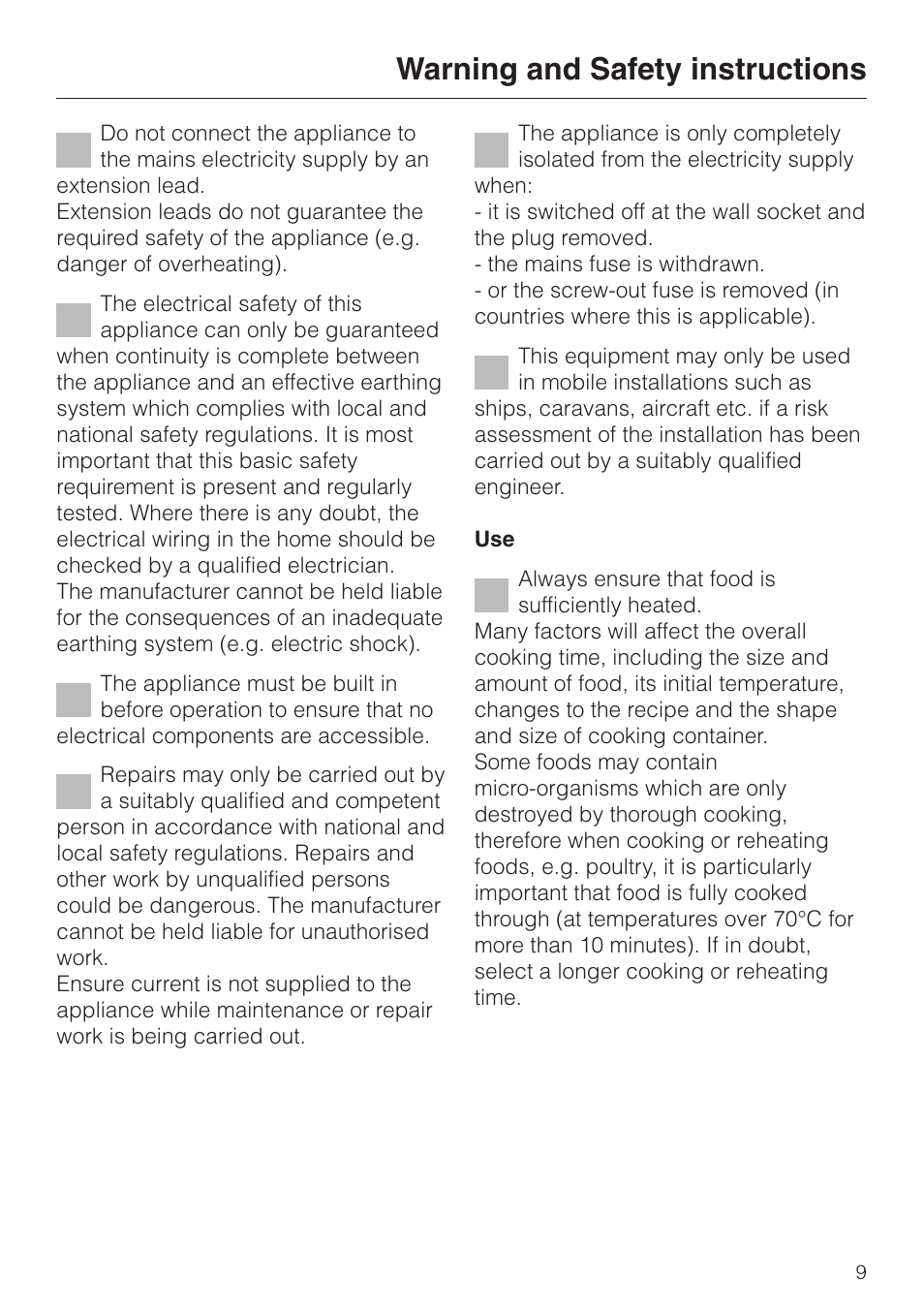 Warning and safety instructions | Miele M 637-45 ECR User Manual | Page 9 / 60