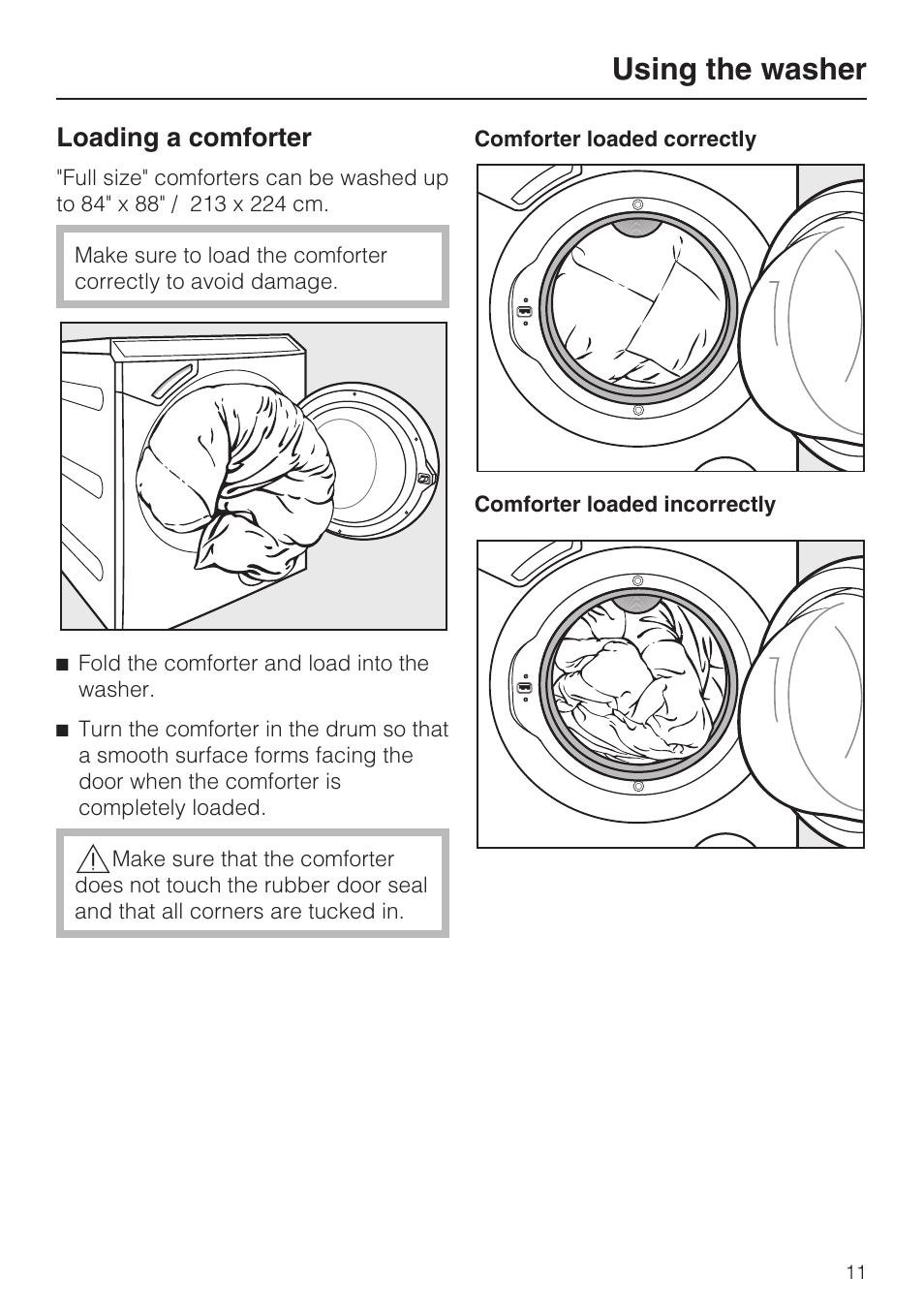 Loading a comforter 11, Using the washer, Loading a comforter | Miele W 4840 User Manual | Page 11 / 56