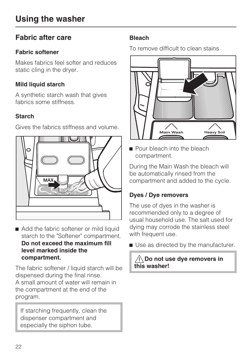 Fabric after care 22, Using the washer, Fabric after care | Miele W 4840 User Manual | Page 22 / 56