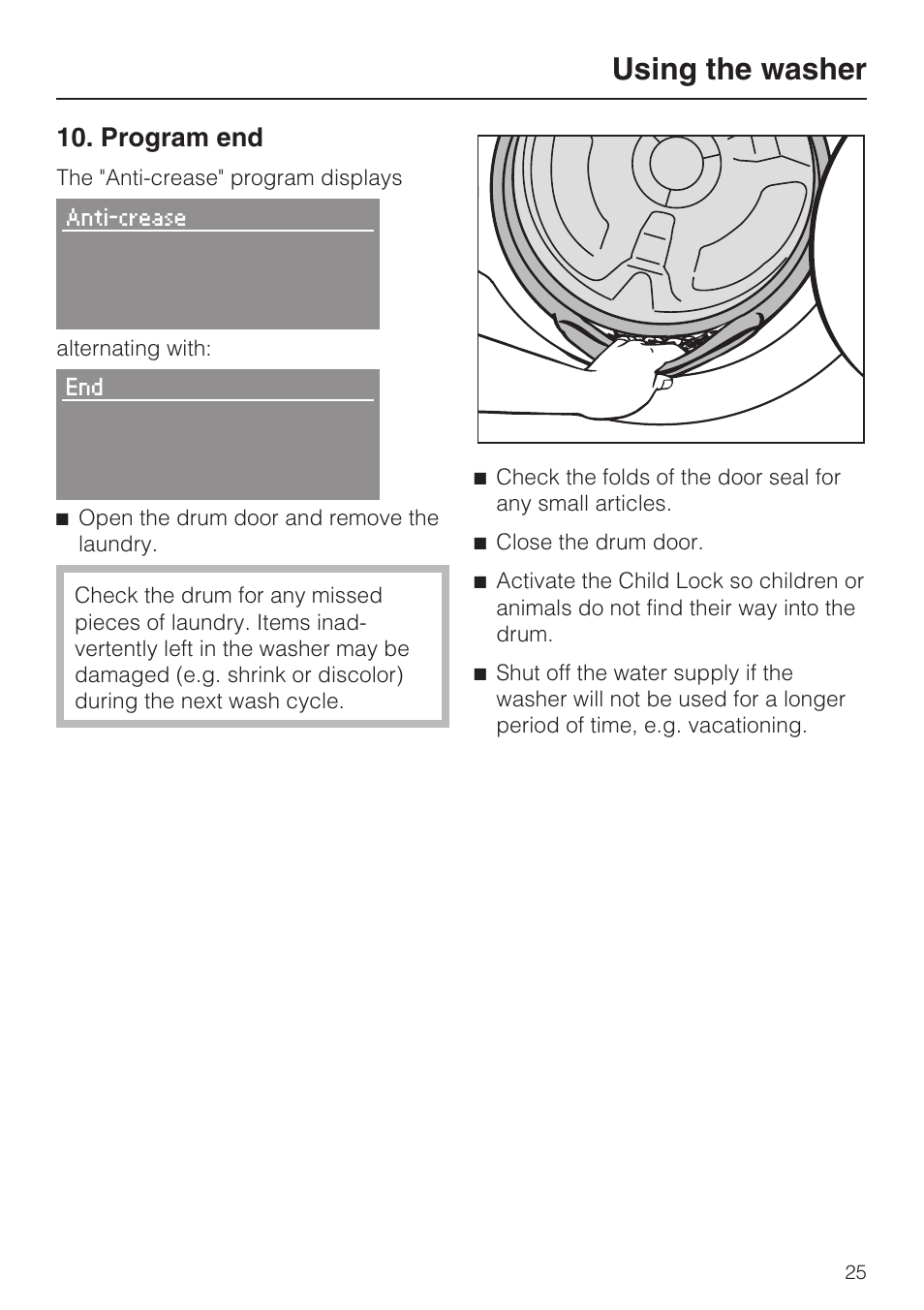 Program end 25, Using the washer, Program end | Miele W 4840 User Manual | Page 25 / 56