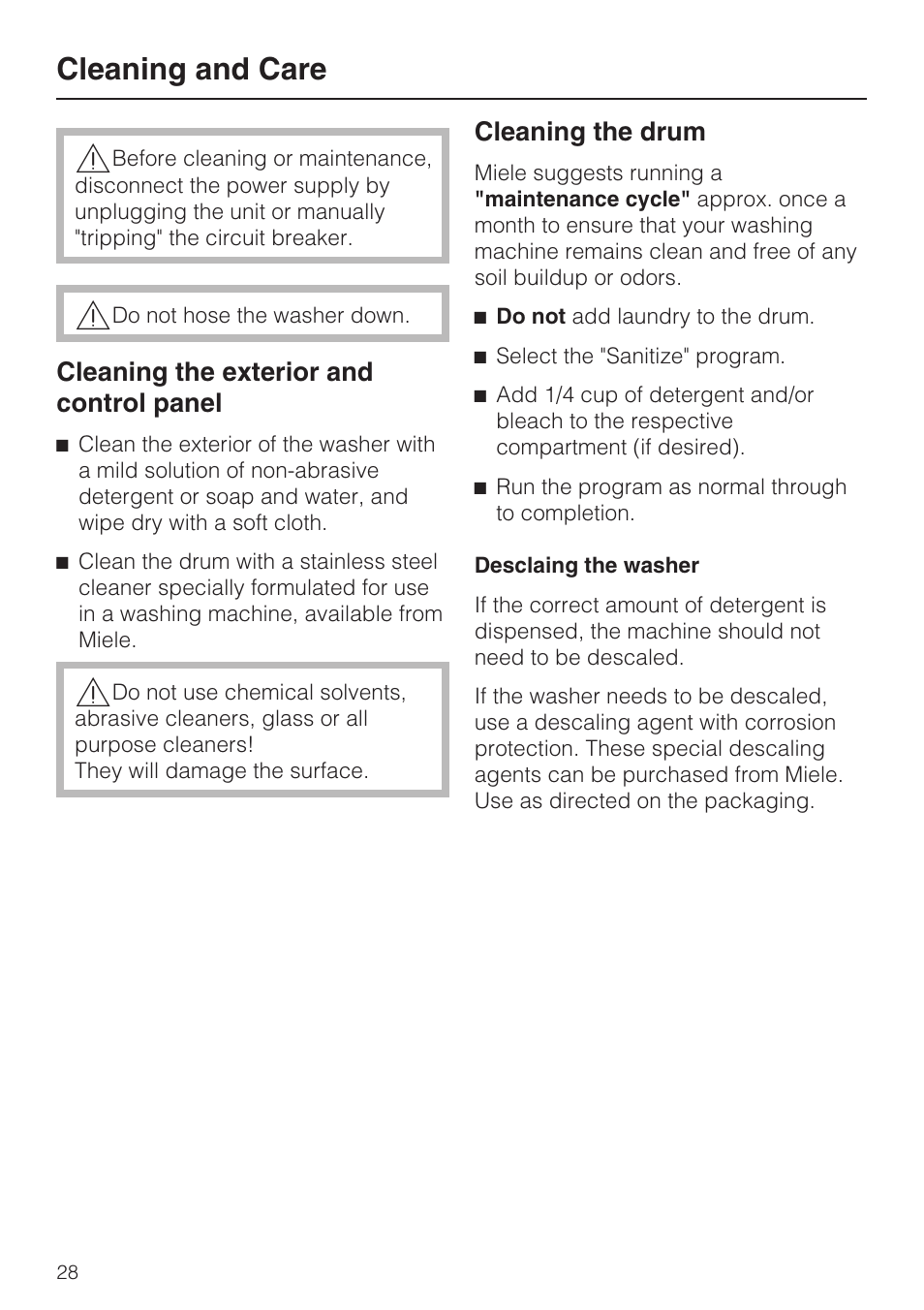 Cleaning and care 28, Cleaning the exterior and control panel 28, Cleaning the drum 28 | Cleaning and care | Miele W 4840 User Manual | Page 32 / 56