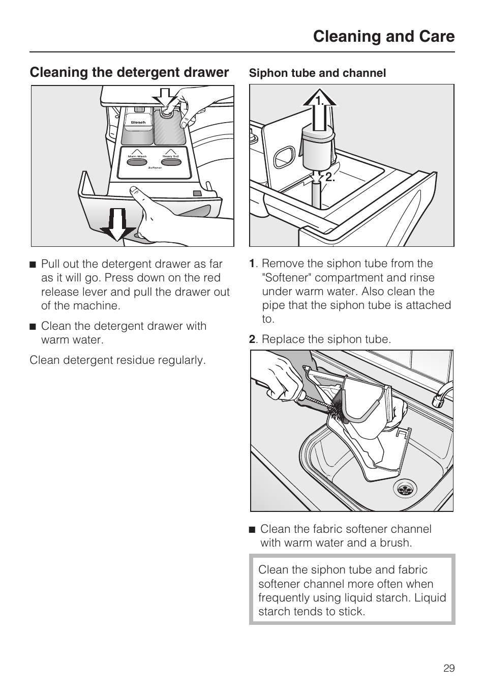 Cleaning the detergent drawer 29, Cleaning and care, Cleaning the detergent drawer | Miele W 4840 User Manual | Page 33 / 56
