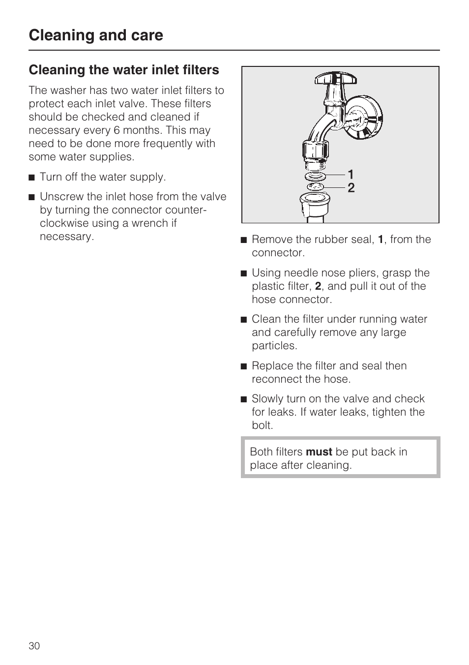 Cleaning the water inlet filters 30, Cleaning and care, Cleaning the water inlet filters | Miele W 4840 User Manual | Page 34 / 56
