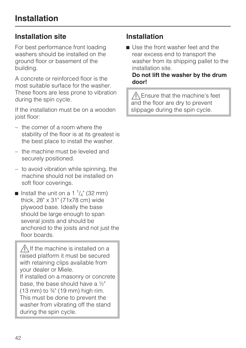 Installation site 42, Installation site, Installation | Miele W 4840 User Manual | Page 46 / 56
